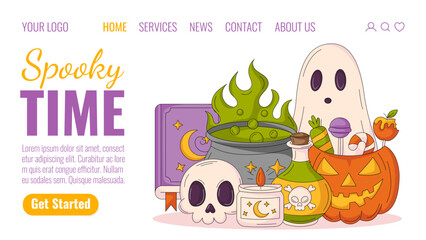 Halloween landing page vector template. Holiday flat illustration with ghost, pumpkin, sweets, spell book, cauldron and bottle with potion, candle, skull. For website, web page, online, banner, party.