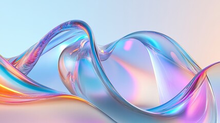 A 3D abstract representation of a transparent liquid glass ribbon wave, showcasing a fluid, rainbow-like shape with light dispersion and a holographic gradient texture