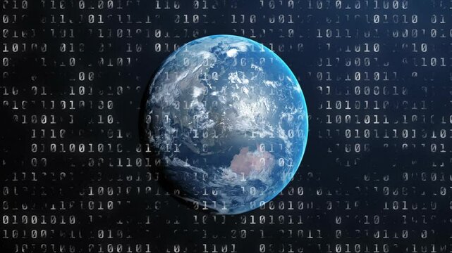 Animation of binary coding digital data processing over globe