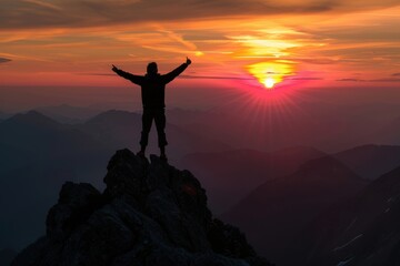 A man is standing on a mountain peak, with the sun setting in the background, generative ai image