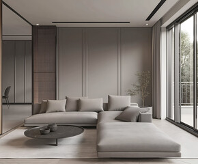 Aesthetic elegant modern iinterior design with classic elements. Clear mock up empty wall for decoration in the apartment. Copy space in the room with moldings. Neutral palette of natural colors