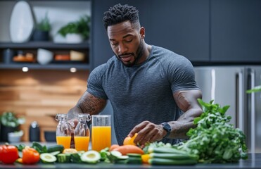 Handsome Black man with short hair and beard preparing smoothies, surrounded by fresh produce