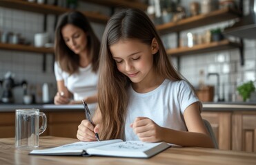 Fototapeta premium A young girl draws in a book, mother drinks coffee behind in the kitchen