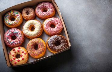 Assorted doughnuts in an open white box, placed on a grey background, fresh and delicious