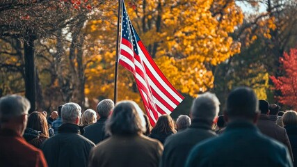 American flag ceremony, capturing the moment of a flag being raised at a local park with veterans, community leaders, and citizens saluting in respect