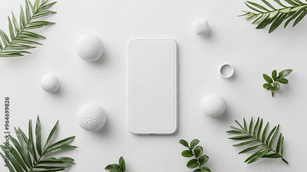 Poster A white cell phone is placed on a table with various objects, including a leaf