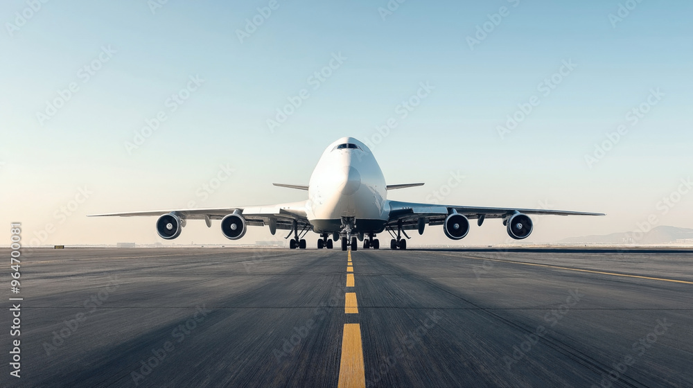 Canvas Prints Large commercial airplane on runway preparing for takeoff or landing in clear weather with blue sky background