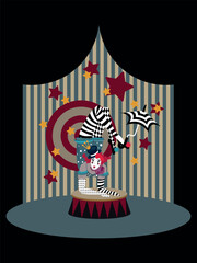 Circus acrobat, clown in the circus with an umbrella shows a performance on the arena and arouses interest, intrigue, mysticism, mystery. Vector, flat