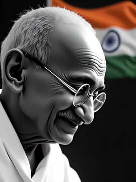 Mahatma Gandhi: The Soul of India's Independence in Black and White image with India's flag