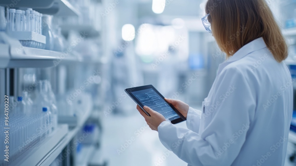 Poster researcher in a sterile lab using a digital tablet to control bioengineered cell cultures random add