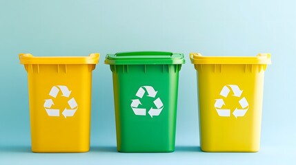 Three Trash Cans with Representing Recycling. Depicts Waste Management and Sustainable Technology Concepts, Ideal for Environmental Projects, Recycling Campaigns, and Eco-Conscious Initiatives