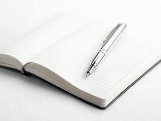 A clean notebook with a silver pen ready for writing notes, ideas, or thoughts, perfect for inspiration and creativity.