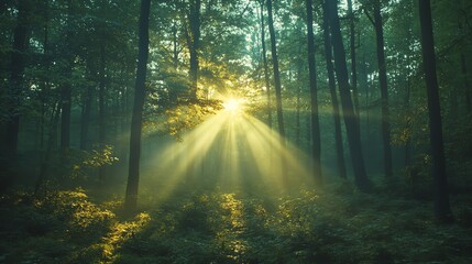 Fototapeta premium A tranquil forest scene with sunlight streaming through the trees, creating a serene and peaceful environment.