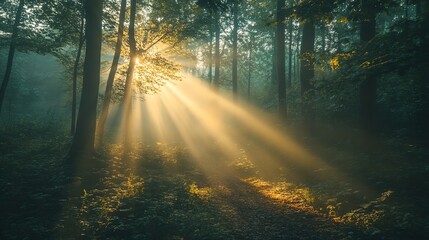 Obraz premium Serene forest scene with sun rays streaming through misty trees, creating a magical atmosphere in nature.