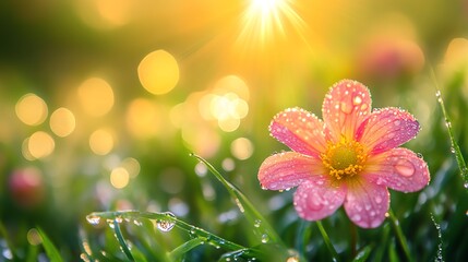 A vibrant pink flower adorned with water drops, basking in the gentle sunlight, creating a serene springtime atmosphere.