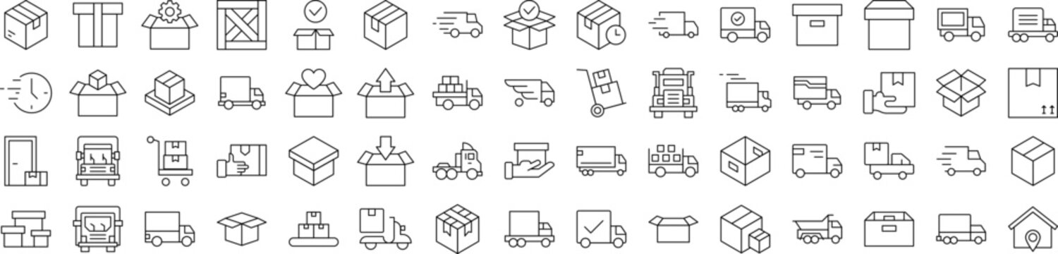 Delivery Line Icon Bundle. Modern Collection for Design, Web Sites, Apps, Cards. Contains Linear Images of Boxes and Vans