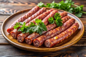 A plate of sausages with parsley on top