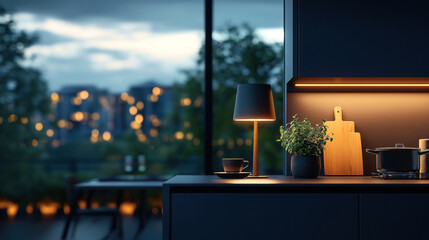 Modern kitchen interior at twilight with warm lighting. Includes a small table lamp, a cup, a potted herb plant, and wooden cutting boards against a bokeh cityscape view.
