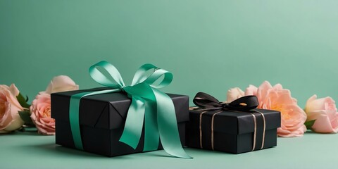 beautiful green gift box on a pastel green aesthetic background with space for text, concept for Birthday or Christmas or Valentines Day