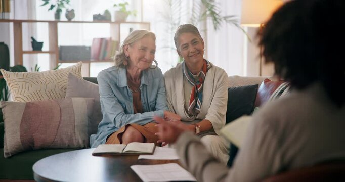 Marriage consultation, therapy and happy lesbian couple in office with therapist for growth, trust or communication. Psychology, support and mature LGBTQ people with counselor for advice or guidance