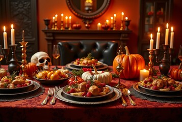 Naklejka premium Fancy Halloween dinner dark set up. The table is decorated with burning candles, pumpkins, skull