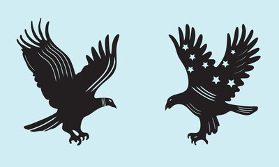 Flying Eagle Silhouettes with Bold Lines and Star Accents for Nature-Themed Illustrations