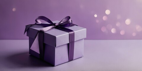 beautiful purple gift box on a pastel purple aesthetic background with space for text, concept for Birthday or Christmas or Valentines Day