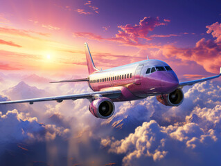 Fototapeta premium Pink passenger airplane flies in blue sky with dramatic sunset clouds. Concept of airline companies, travel, plane transportation, freedom of travelling