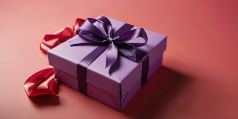 Fototapeta premium beautiful purple gift box on a pastel red aesthetic background with space for text, concept for Birthday or Christmas or Valentines Day