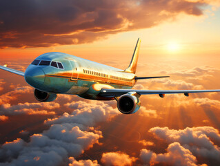 Passenger airplane flies in blue sky with dramatic sunset clouds. Concept of airline companies, travel, plane transportation, freedom of travelling