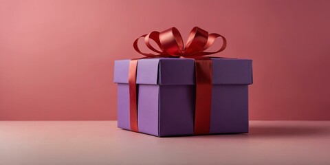 Obraz premium beautiful purple gift box on a pastel red aesthetic background with space for text, concept for Birthday or Christmas or Valentines Day