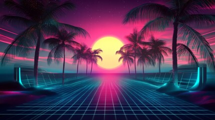 Naklejka premium Retro Sunset with Palm Trees