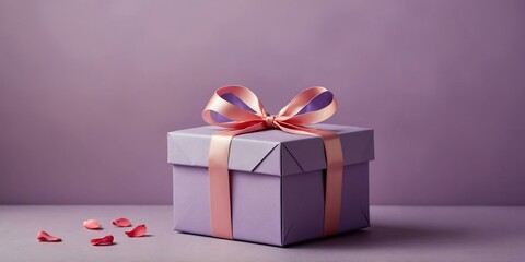 beautiful pink gift box on a pastel purple aesthetic background with space for text, concept for Birthday or Christmas or Valentines Day