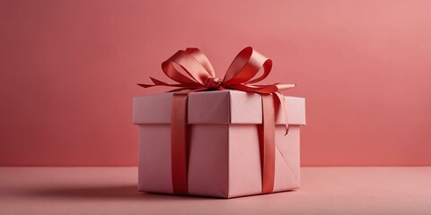 beautiful pink gift box on a pastel red aesthetic background with space for text, concept for Birthday or Christmas or Valentines Day