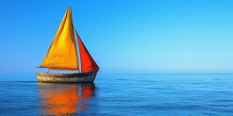 Serenity at Sea: Rustic Boat with Vibrant Orange Sail on Calm Blue Waters