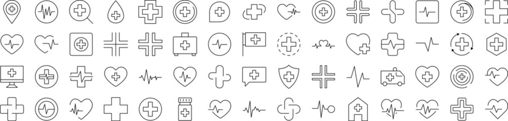 Medical Cross Icon Set for UI, Placards, Books, Apps. Editable Stroke. Suitable for Web Sites, Books, Cards, Apps