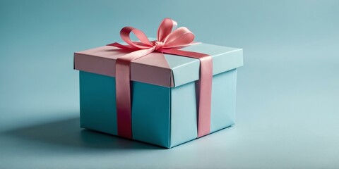 Obraz premium beautiful pink gift box on a pastel blue aesthetic background with space for text, concept for Birthday or Christmas or Valentines Day