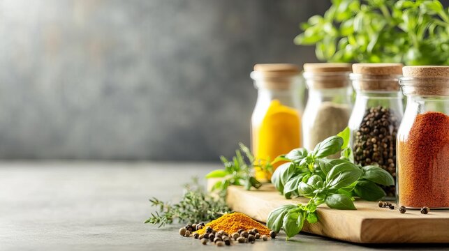 Aromatic herbs and spices in a rustic kitchen setting, emphasizing culinary wellness