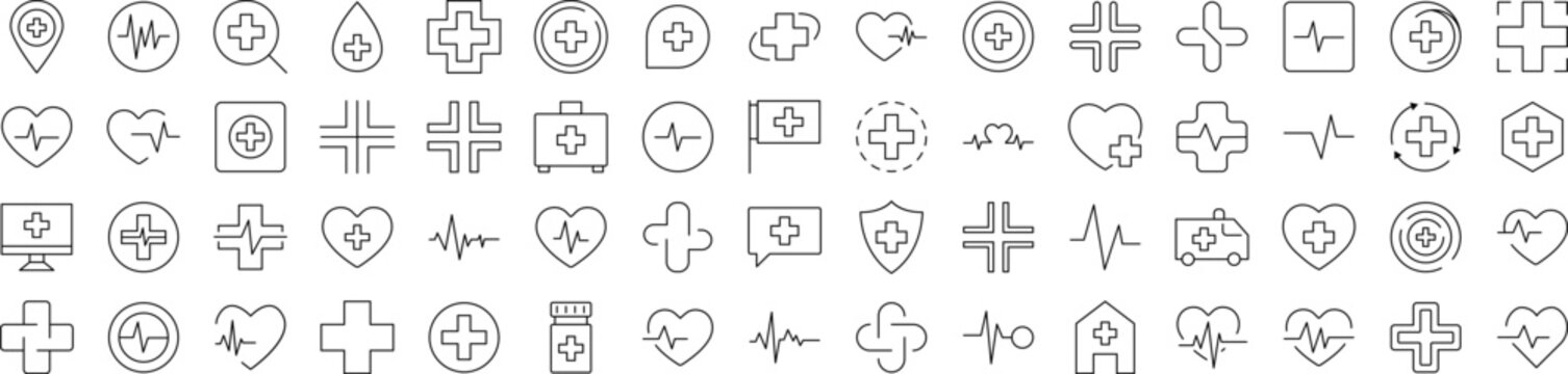 Medical Cross Icon Set for UI, Placards, Books, Apps. Editable Stroke. Suitable for Web Sites, Books, Cards, Apps