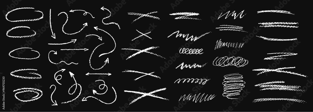 Poster set of chalk scribble arrows, frames and line brush elements. collection of whitewax pencil drawn hi