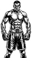 Obraz premium Boxer ready to fight on white background. Silhouette and outline art.