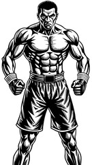 Obraz premium Boxer ready to fight on white background. Silhouette and outline art.