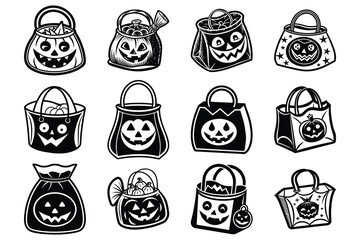 Set of Vector Illustration of Halloween Trick or Treat Bag Icon - Transparent Background 
