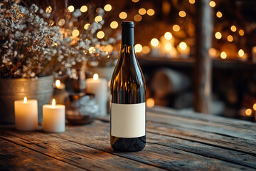 A bottle of wine is sitting on a wooden table with candles in the background