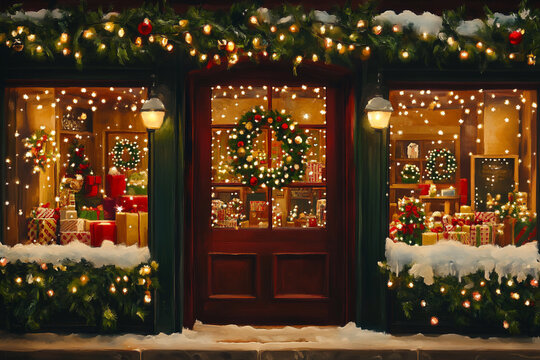 Festive Christmas storefront with twinkling lights and holiday decorations invites passersby into a warmly lit display window