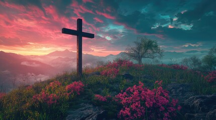 Wooden Cross on a Mountaintop at Sunset