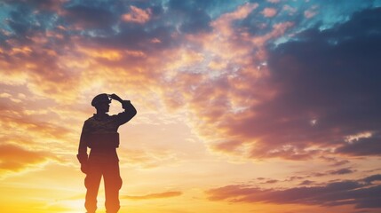 Fototapeta premium Saluting the Sunset: A Soldier's Tribute