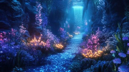 Ethereal Grotto with Glowing Waterfall and Flowers