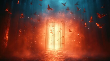 open birdcage with birds flying, Freeddom, Art