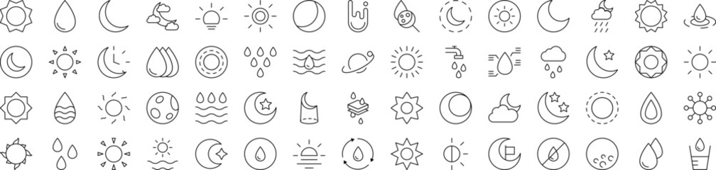 Weather Line Icon Pack. Modern Collection for Design, Web Sites, Apps, Cards. Contains Linear Images of Sun, The Moon, Shower